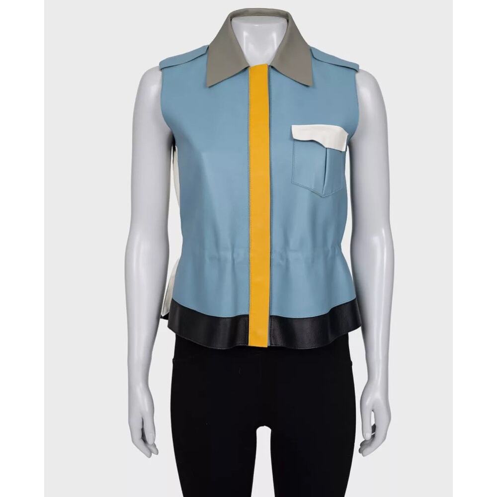 Fendi Blue Leather Multicolor Vest, Size IT40/S